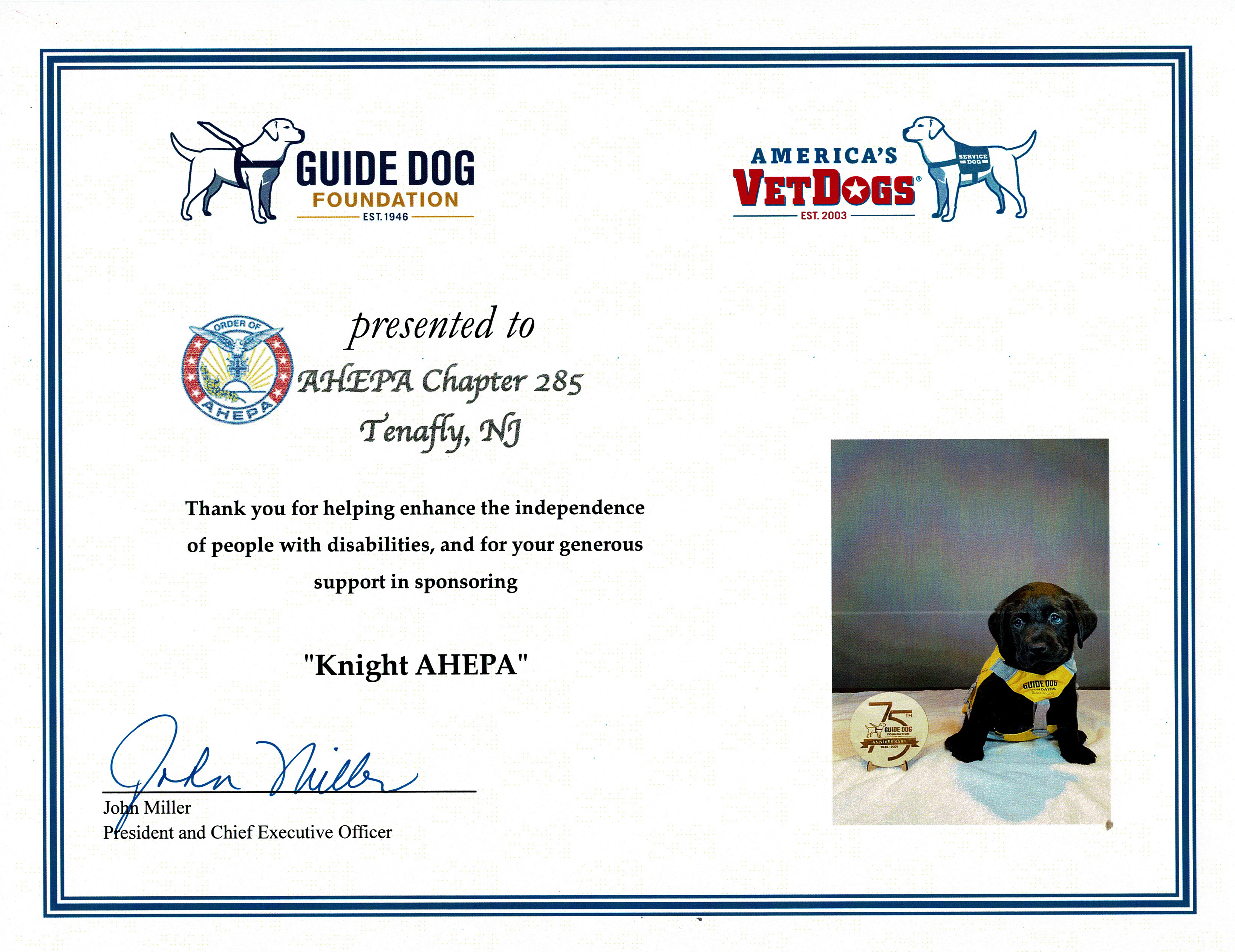 Knight AHEPA, AHEPA Service Dogs for Warriors